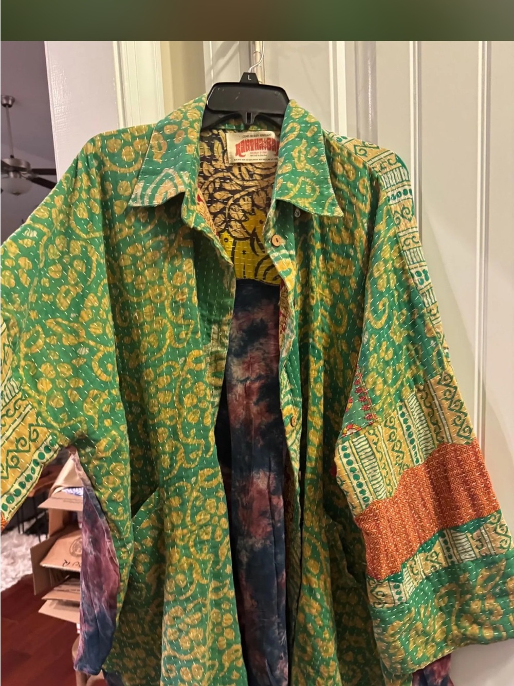 Women's Kantha Bae hand stitched jacket, colorful pattern